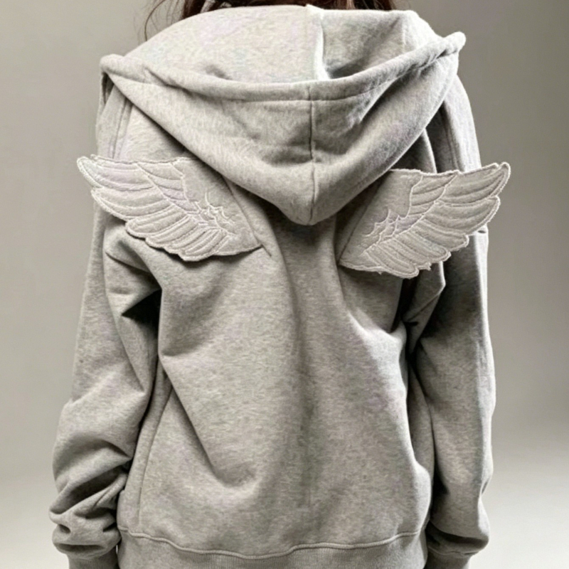 Women'S Fashion Zip Hoodie - Women Fashion Grey Angel Wing Embroidered