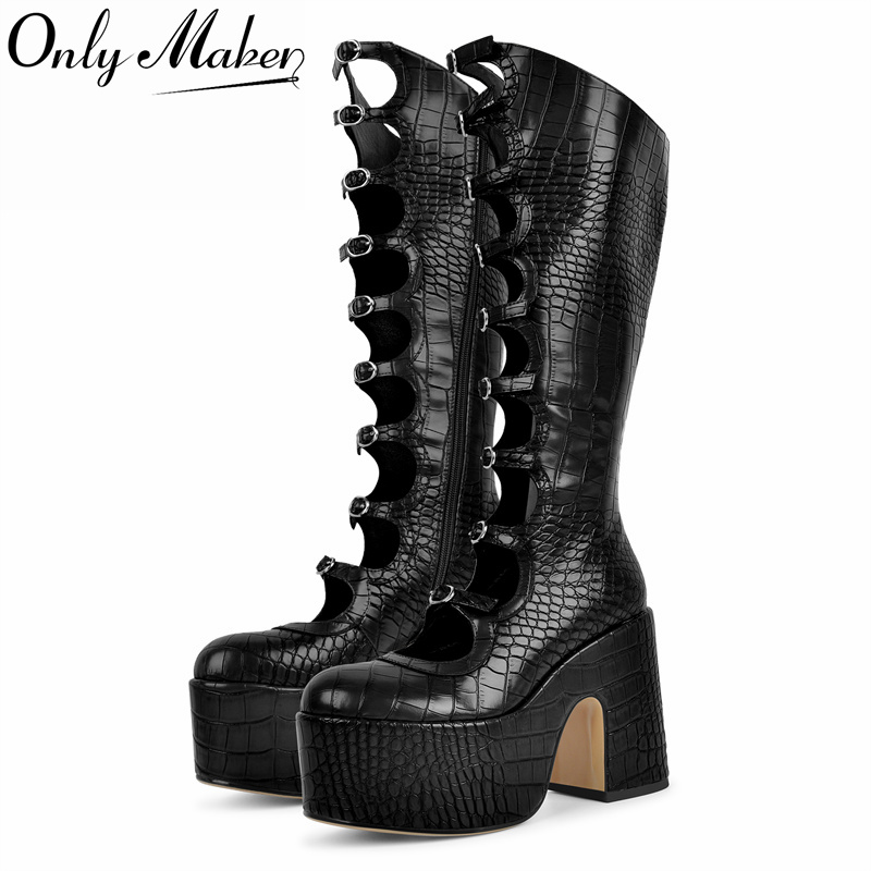 Women'S Fashion Knee High Boots - Onlymaker Women Round Toe Platform Stone