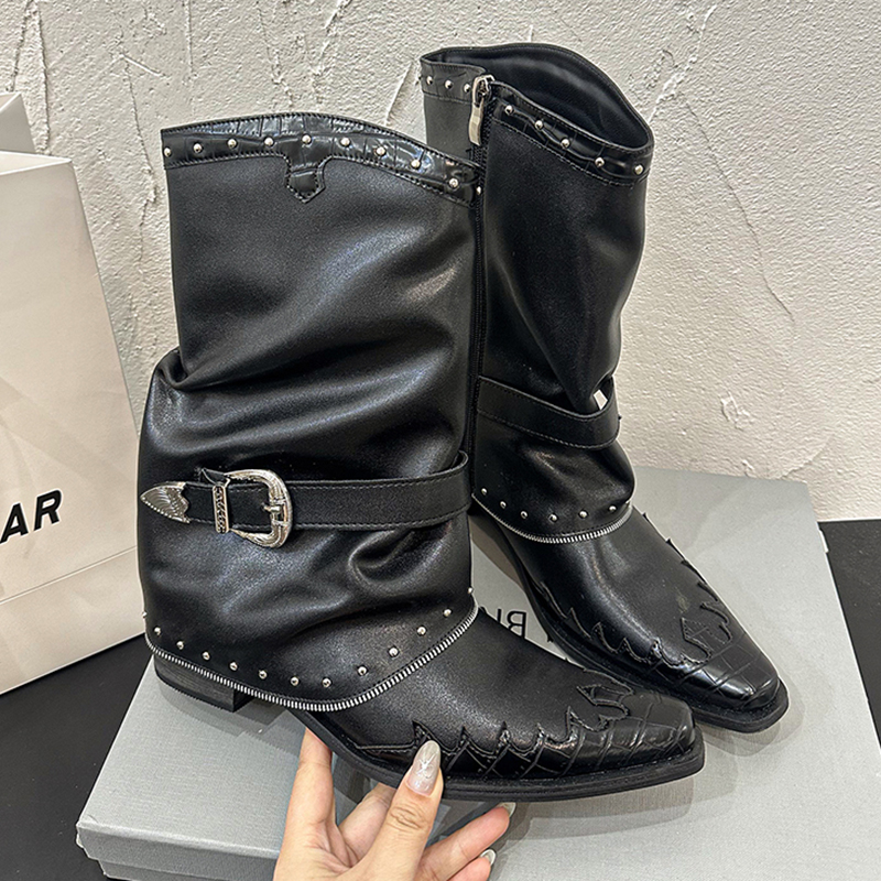 Women'S Fashion Riding Boots - Goth Rivets Thick Heels Mid Calf