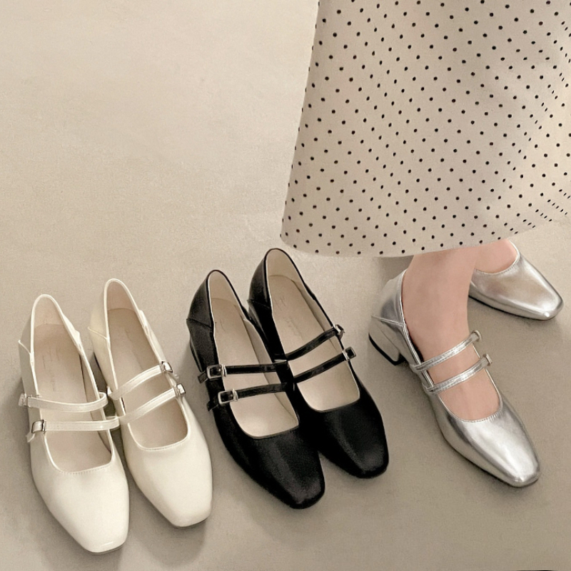Women Fashion Style - Square Toe Low Heel Women Silvery