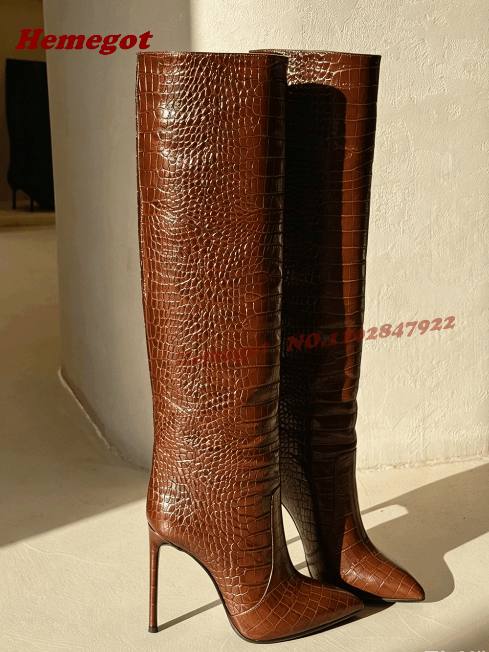 Women'S Fashion Knee High Boots - Brown Croc-Embossed Leather Knee High Boots