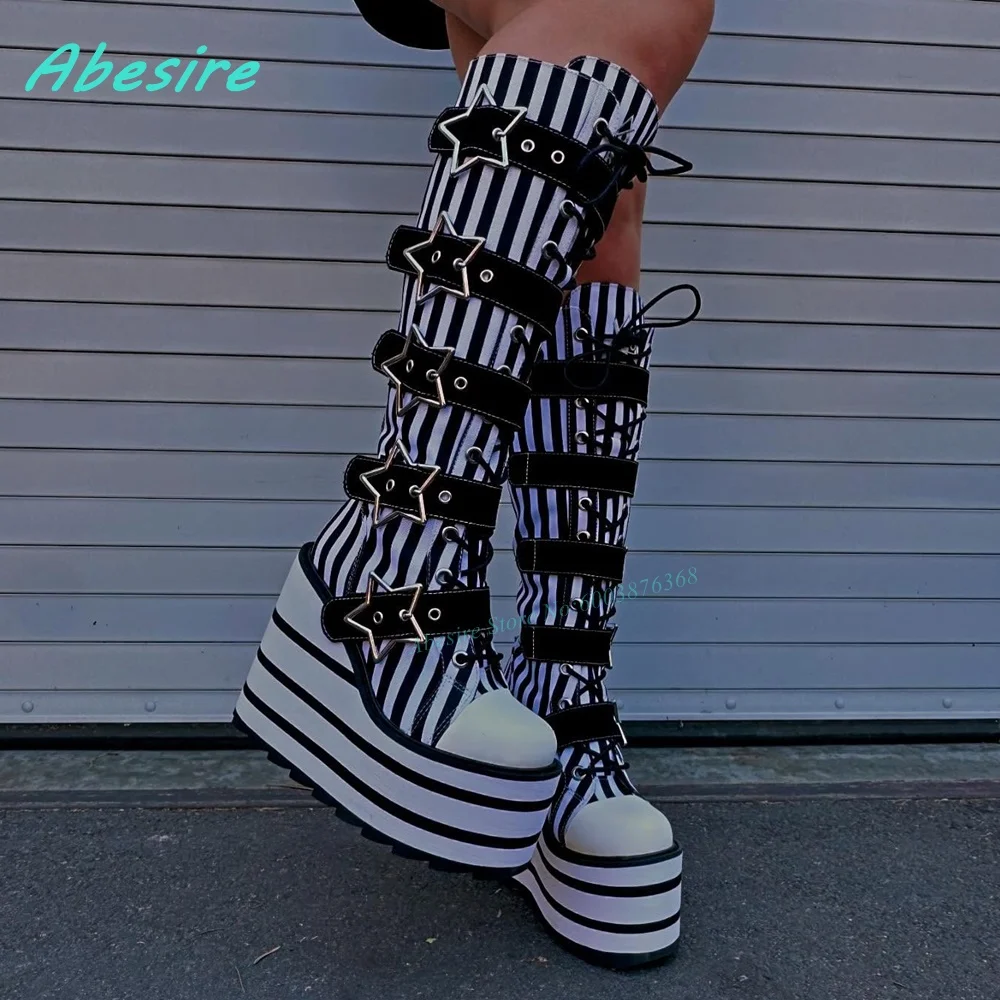 Round Toe Platform White and B - Women'S Fashion Knee High Boots ulasan dan harga