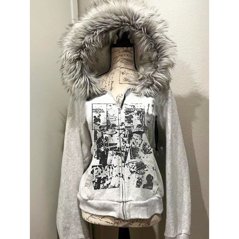 Grey Faux Fur Wool Double Zipp - Women'S Fashion Zip Hoodie ulasan dan harga