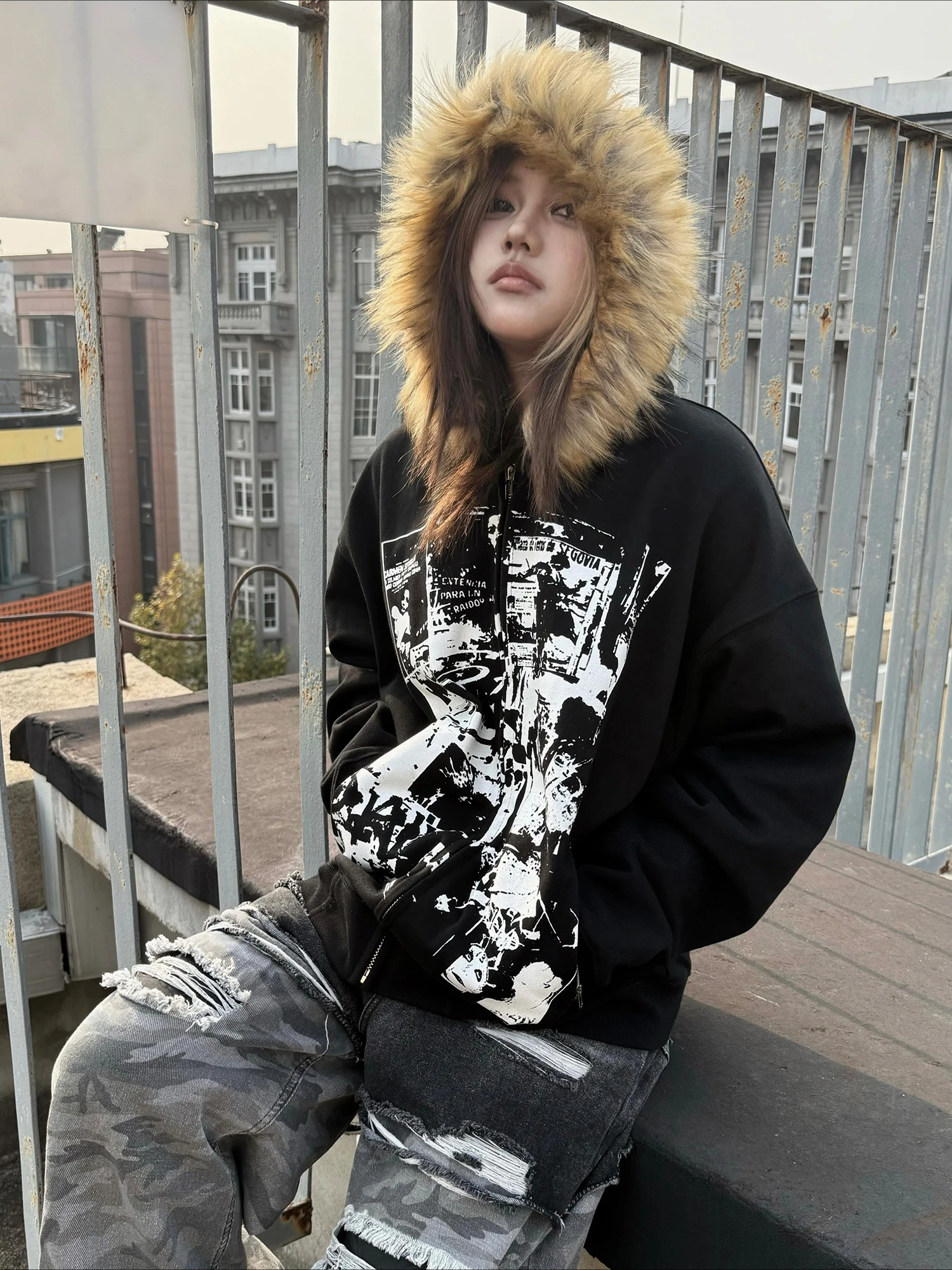 Grey Faux Fur Wool Double Zipp - Women'S Fashion Zip Hoodie ulasan dan harga