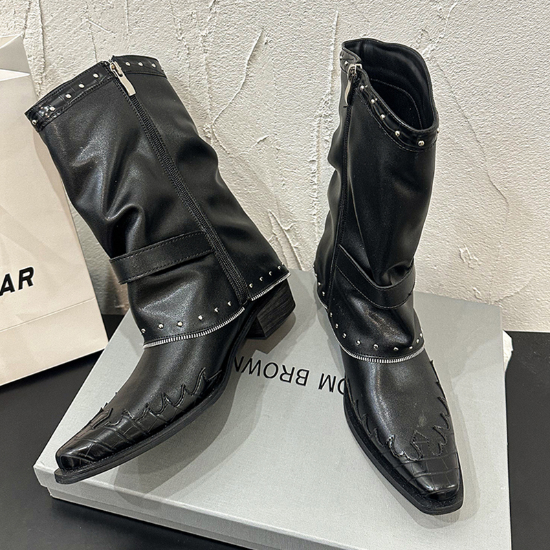 Goth Rivets Thick Heels Mid Ca - Women'S Fashion Riding Boots ulasan dan harga