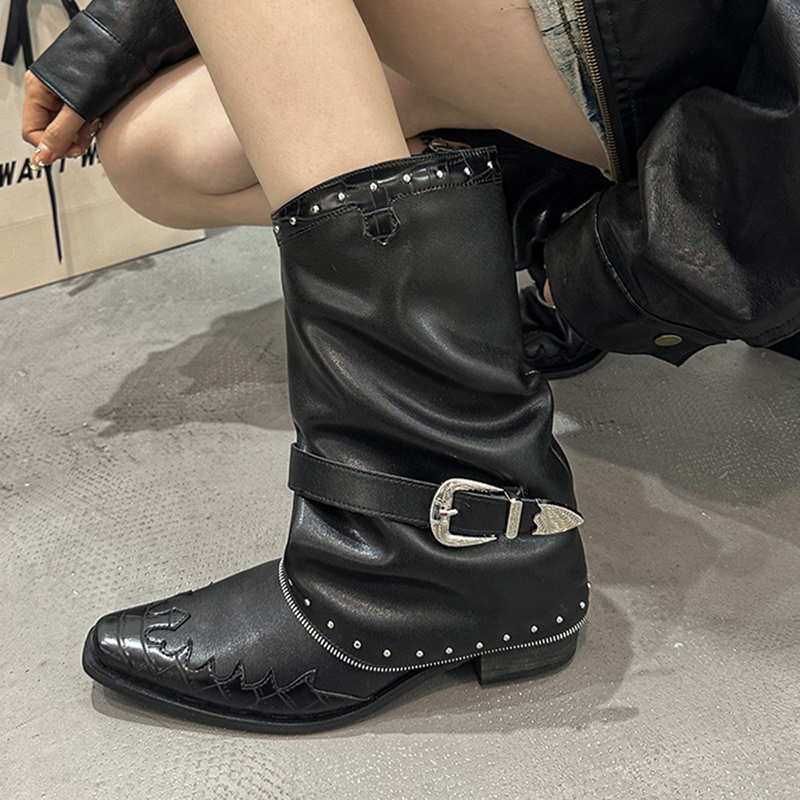 Goth Rivets Thick Heels Mid Ca - Women'S Fashion Riding Boots ulasan dan harga