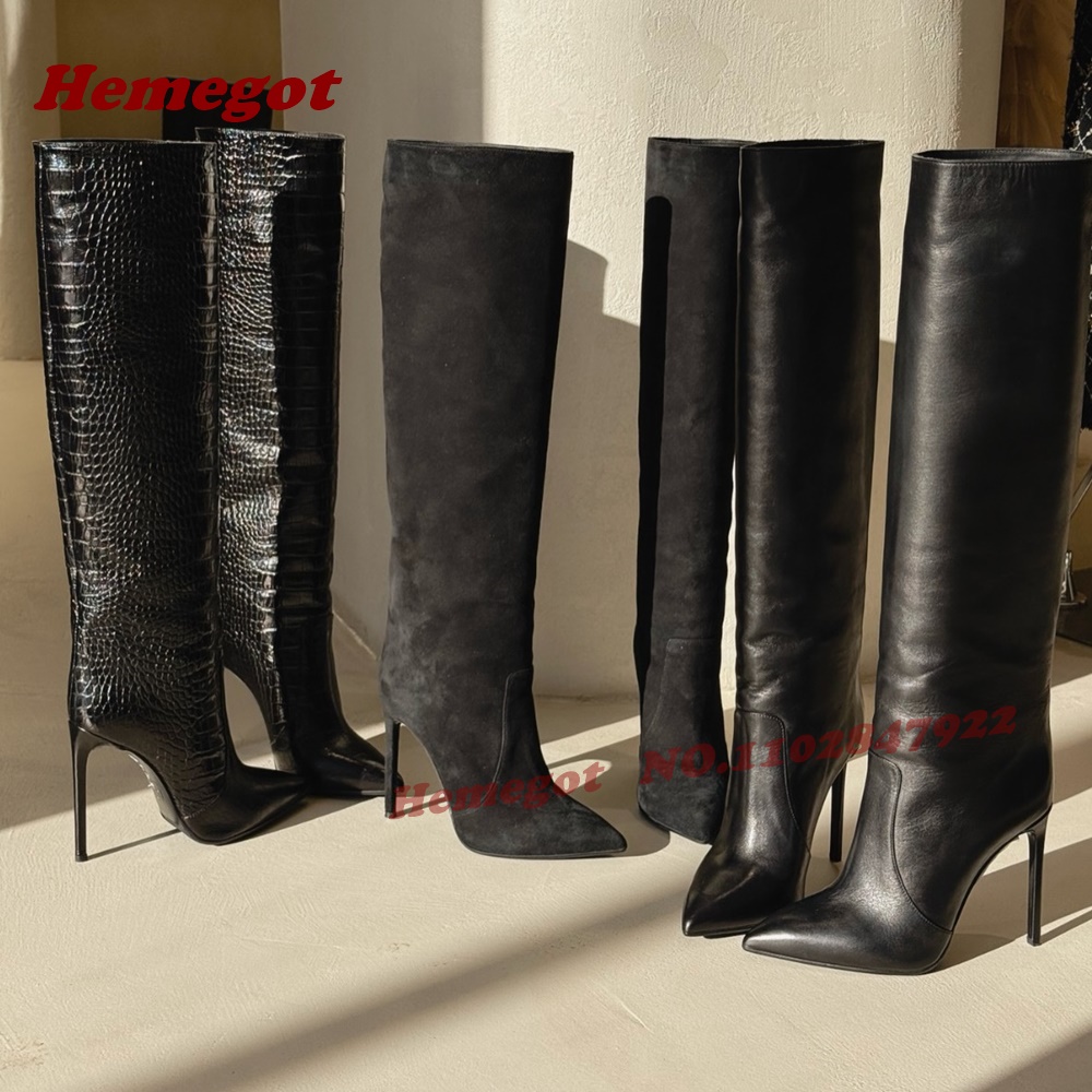 Brown Croc-Embossed Leather Kn - Women'S Fashion Knee High Boots ulasan dan harga