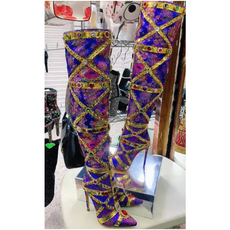 Multicolor Gemstone Gold Trim  - Women'S Fashion Knee High Boots ulasan dan harga