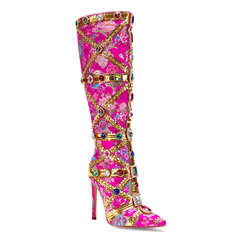 Multicolor Gemstone Gold Trim  - Women'S Fashion Knee High Boots ulasan dan harga