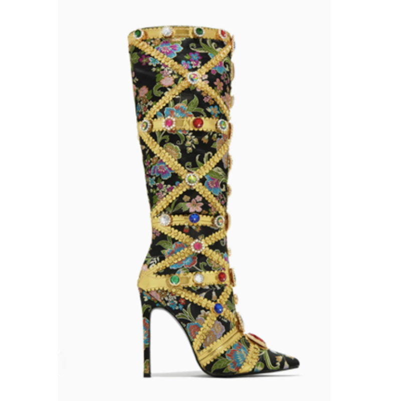 Multicolor Gemstone Gold Trim  - Women'S Fashion Knee High Boots ulasan dan harga
