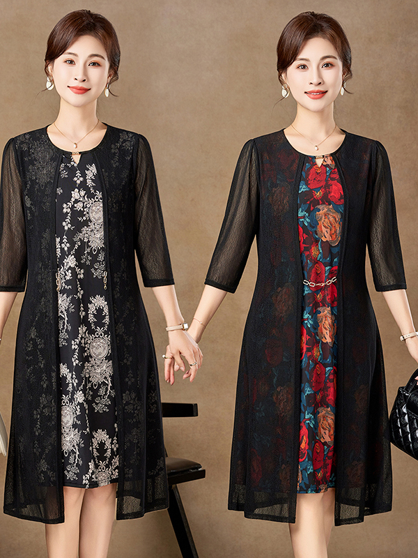 Elegant Mid-Sleeve Mesh Dress  - Women Fashion Over 50 ulasan dan harga