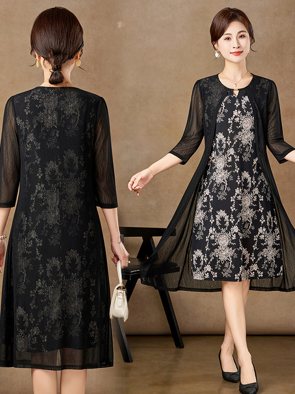 Elegant Mid-Sleeve Mesh Dress  - Women Fashion Over 50 ulasan dan harga
